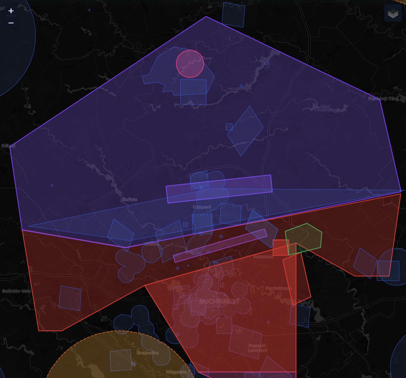 A control zone around Bucharest with a planned flying zone drawn in green